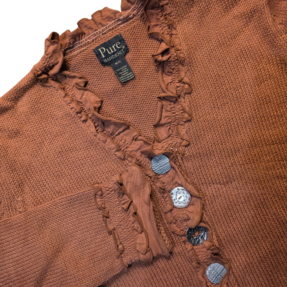 Pure Handknit Women Terracotta Brown Ruffle V-Neck Cotton Cardigan Sweater M/L